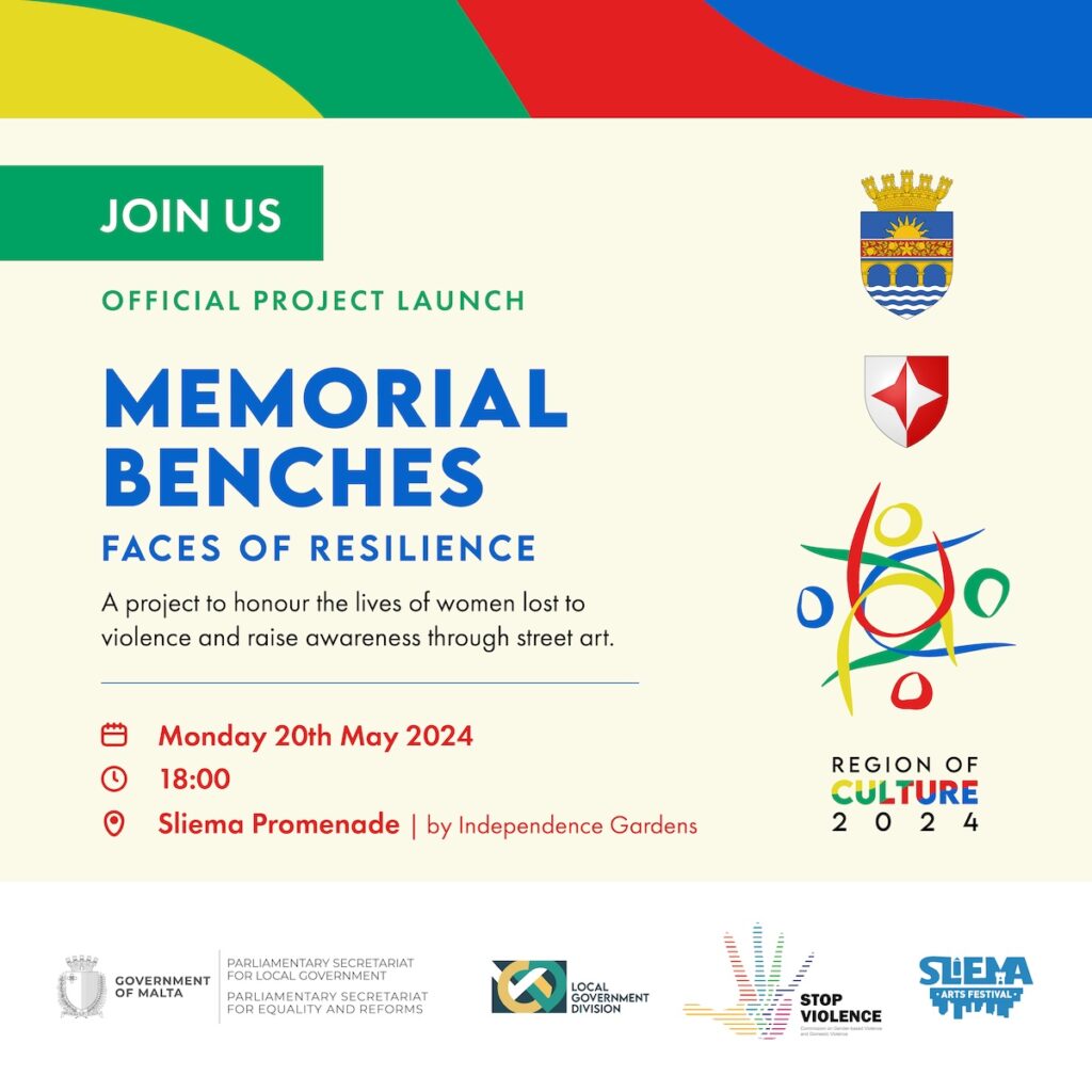 On Monday May 20th at 18:00 the Eastern Regional Council officially launched the ‘Memorial Benches – Faces of Resilience’ project at the Sliema Promenade (by Independence Gardens). This project formed part of our calendar of events for the ‘Region of Culture’ title and was led by the Artistic Director Mr. James Micallef Grimaud. The aim of this project was to honour the lives of women lost to violence in Malta’s recent history and raise awareness. This project will also serve as a build up to the Sliema Arts Festival.